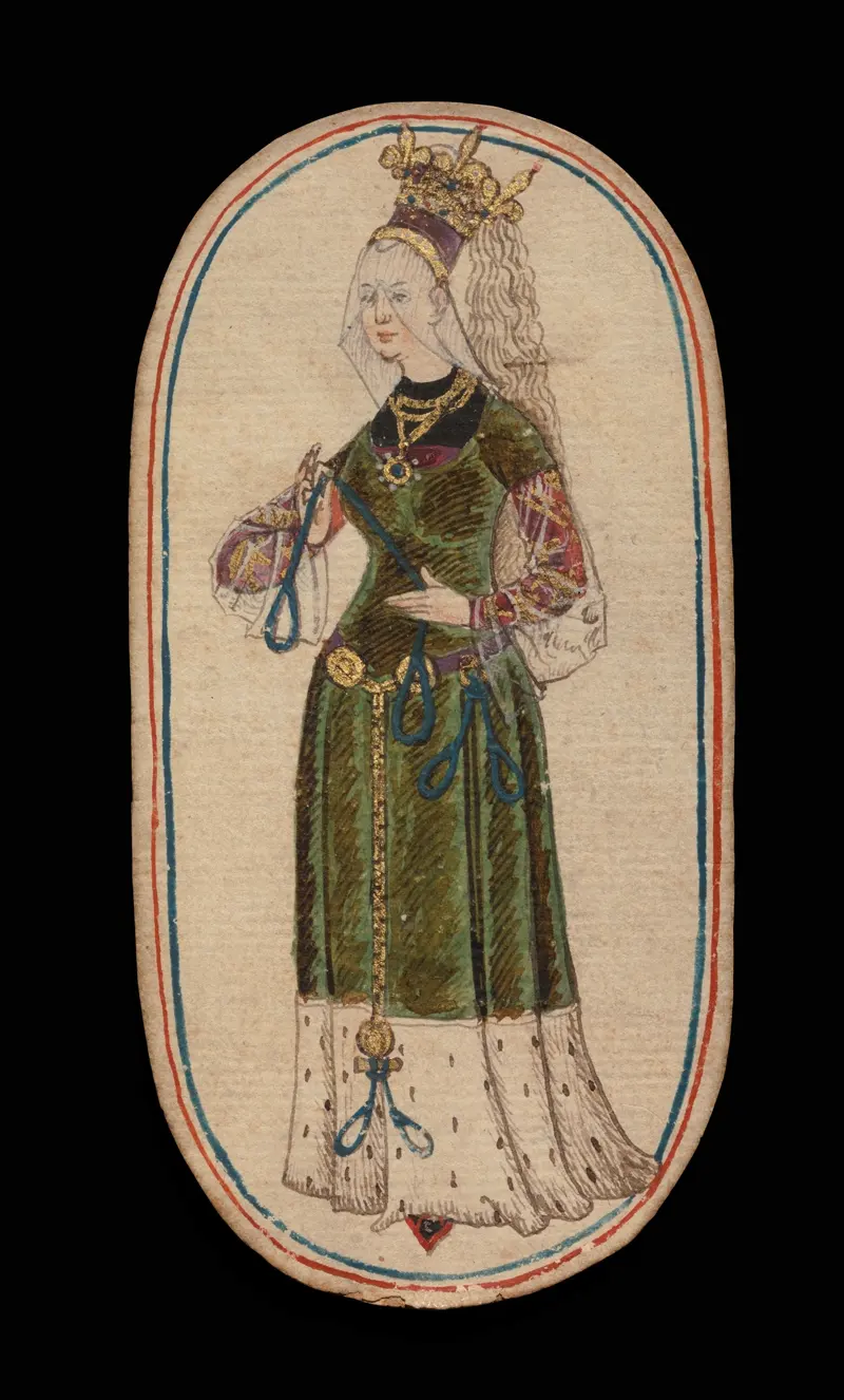 A painted queen holding a hunting noose, from the oldest complete 52-card pack that still exists.