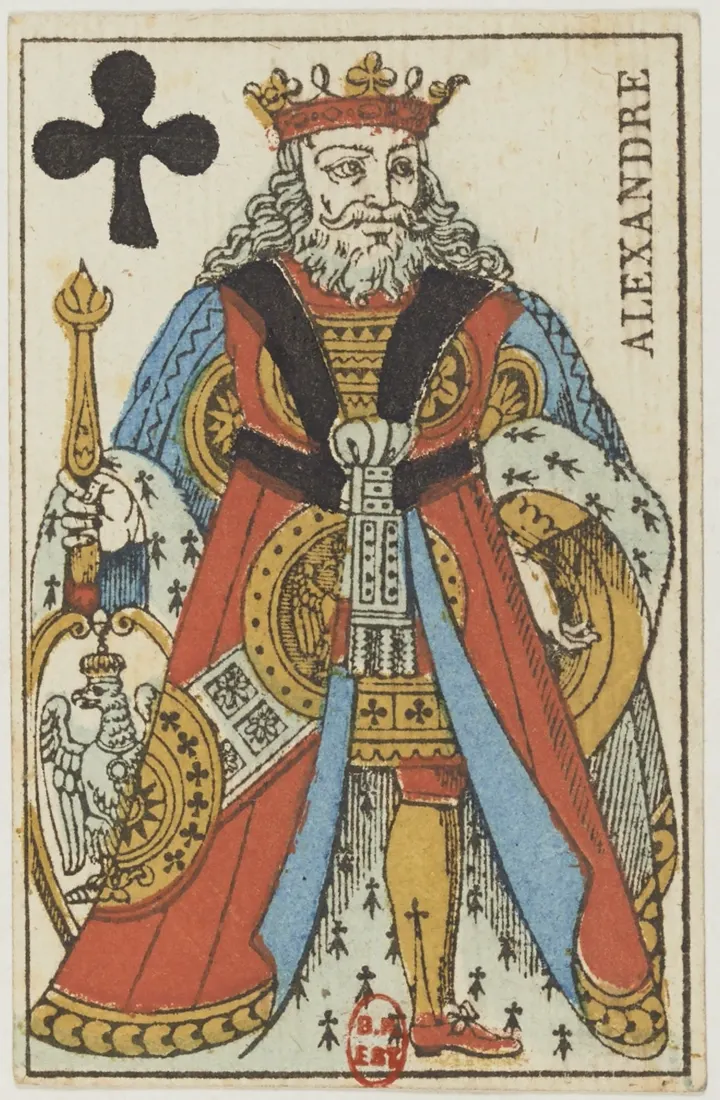 A full-length French king of clubs labeled Alexandre, holding a scepter, from 1813.
