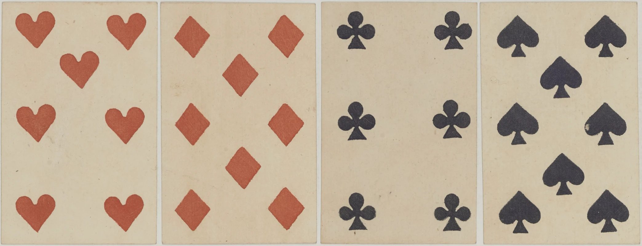 Four French number cards in a row: seven hearts, eight diamonds, six clubs, and eight spades, with no corner letters.