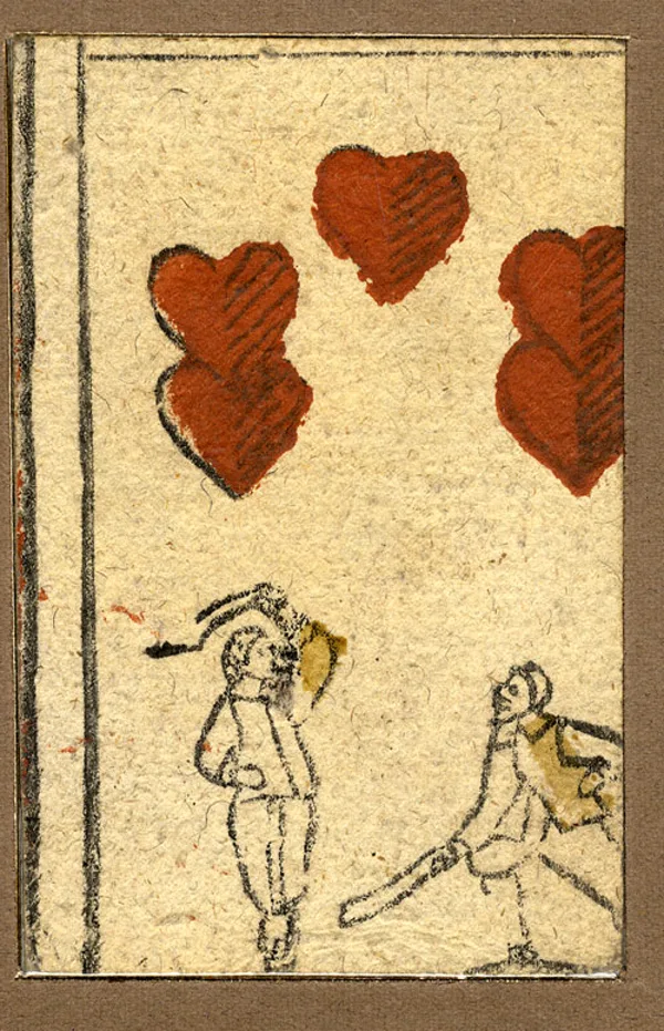A 1500s German number card with red heart marks and a small drawing of two people at the bottom.