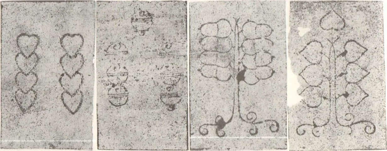 Four old German number cards in a row: hearts, bells, acorns, and leaves.